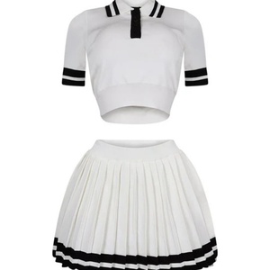 ชุดกระโปรงผู้หญิงแบบกำหนดเองสำหรับฤดูร้อนปี 2025 ชุดแฟชั่นกระโปรงจีบลายทางและเสื้อคอปกโปโล ชุดสองชิ้นสำหรับผู้หญิง - Product Image 5