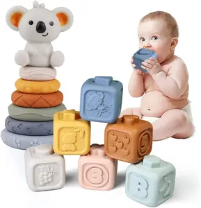 Blocs de construction éducatifs souples Montessori, ensemble d'empilage à mâcher en caoutchouc Koala 3D pour bébé de 6 mois et plus