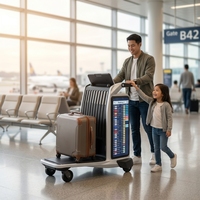 Chariot à bagages d'aéroport intelligent avec navigation IA, écran tactile LCD, publicité graphique animée en texte Android, utilisation en intérieur, OEM