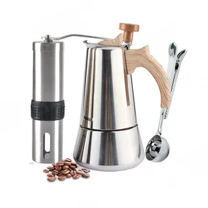 4 6杯不锈钢炉灶台摩卡壶浓缩咖啡机，带木柄，感应，燃气或电动炉灶面合适