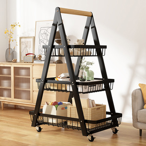 Chariot de rangement pliable moderne avec roulettes, étagère en métal noir pour cuisine, salon, organisateur multi-niveaux pour jouets et fournitures de bureau - Product Image 1
