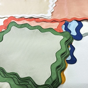 Hot Selling Color Block Organic Fabric Double Scalloped Embroidered Edge <b>Table</b> <b>Cloth</b> <b>Linen</b> Napkin Placemat for Hotel Wedding - Product Image 4