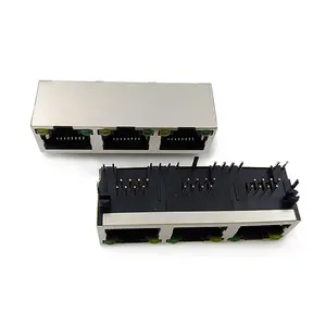 56LED屏蔽模块化RJ45 PCB插孔母8P8C 1x3端口尺寸48x15.75x13.1毫米直角DIP Cat5以太网连接器，带发光二极管