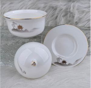 Hand Painted Pagoda Landscape Porcelain <b>Bowl</b> With Lid <b>Chinese</b> Style Gold Rim Ceramic Serving <b>Bowl</b> Set With Heating Base - Product Image 2