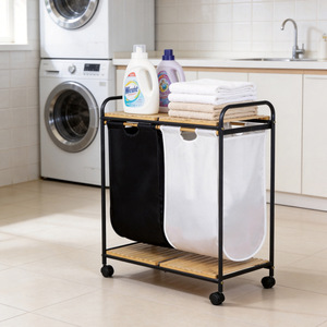 Double Bucket <b>Laundry</b> Cart With Fabric Compartments Wheeled Mobile Storage Rack For <b>Laundry</b> Room Clothing Organizer - Product Image 1