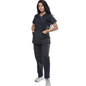 EVERGLOW Conjuntos de Uniformes Médicos Elegantes con Cuello en V, Tallas Grandes Personalizadas, de Algodón y Spandex Negro, Sin Costuras, para Hospital - Product Image 1