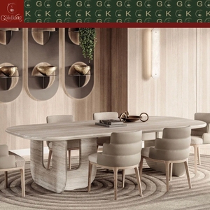 Mesa de Comedor Ovalada Larga de Travertino GOLDKING, Estilo Moderno y Lujoso, con Cubierta de Piedra Beige Claro y Base en Forma de U, Directo de Fábrica - Product Image 3