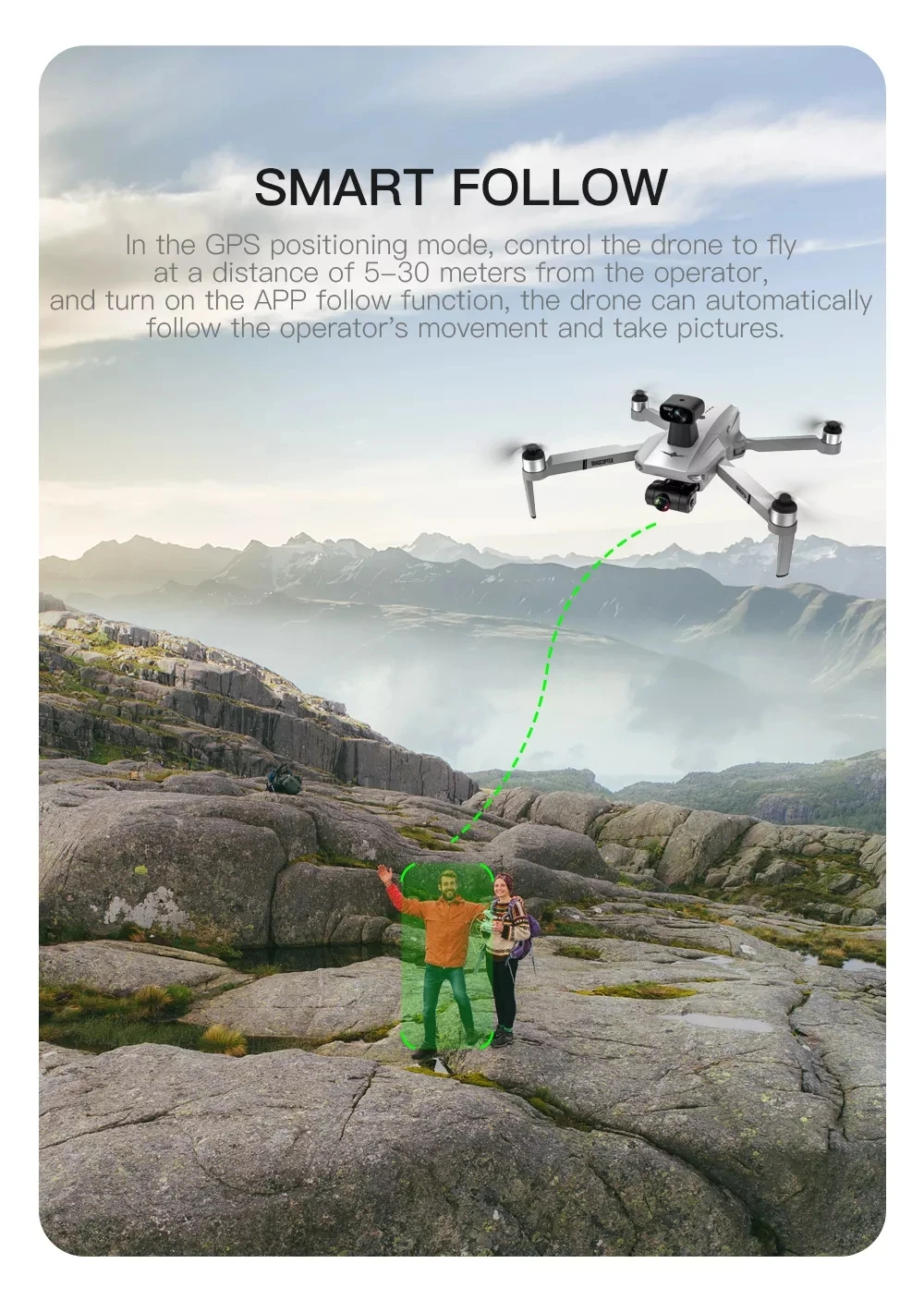 KF102 MAX Drone, SMART FOLLOW In the GPS positioning mode, control the drone to fly at 