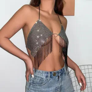 Sexy Silver Gold Aluminum Body Chains For Women Shiny Diamond Inlay Layered Tassel Love Heart Bikini Breast Chains