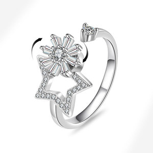 Anillos giratorios delicados con diseño floral para la ansiedad, con circonitas pavé, de cobre chapado en oro blanco, con estrella, ajustables, para mujer - Product Image 1