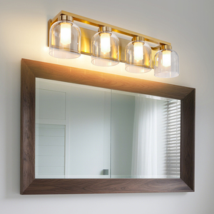 Lámpara de pared LED E26 moderna de latón dorado con pantallas de cristal transparente para baño, uso interior, 2700K, blanco cálido - Product Image 1