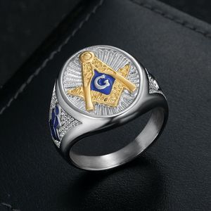 Freemason Men's <b>Ring</b> <b>Titanium</b> Steel Gold Plated Blue Inlay Geometric Design Gift Jewelry - Product Image 1