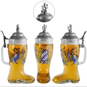Wholesale 1 Liter <strong>Custom</strong> Logo Printed Europe Style Shoe Boot Shaped <strong>Beer</strong> Glass <strong>Mug</strong> with Metal Lid Handle for Business Gifts - Product Image 1