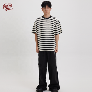 Customized Male's <b>Linen</b> <b>Striped</b> <b>Fabric</b> Free Desgin OEM Cotton 250g Horizontal Stripes O Neck Soft High Standard for All Age - Product Image 1