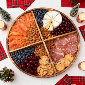 Wooden Round <b>Tray</b> Four Compartment <b>Snack</b> Platter For Cheese Fruit Meat Biscuits Household Serving Dish - Product Image 1