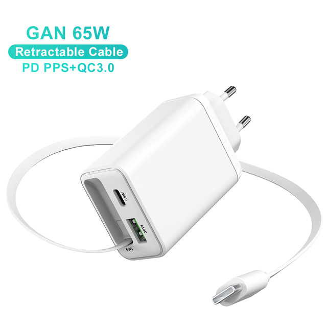 65W USB C Charger Type C Family Design KC CE Retractable Data Cable 65W GaN Fast Charger Adapter for iPhone Samsung Tablet