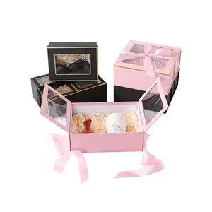 주문 색깔 로고 리본 boite cadeau 결혼식 생일 화장품 향수 상자 패킹 분홍색 Pvc 투명한 창 선물 상자