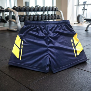 Shorts de sport pour homme en polyester respirant et anti-humidité, imprimé géométrique bleu marine et jaune, taille élastique, pour l'entraînement estival - Product Image 3