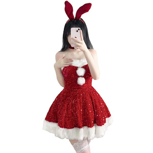 Christmas Costume Set Women Strapless <b>Sequined</b> Dress With Fur Trim Sexy Party Outfit <b>Red</b> White - Product Image 5