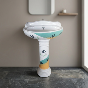 Juego de lavabo de cerámica con estampado de flores, lavamanos con Pedestal, para uso doméstico, baño, artículos sanitarios, OEM, Color naranja - Product Image 5