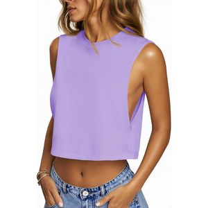 Fisoew Women's <b>Cropped</b> Tank <b>Top</b> Sleeveless Hollow Out Crew Neck Loose Fit Athletic Summer Basic Tee - Product Image 1