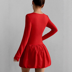Abito a trapezio con spalle scoperte <span class=keywords><strong>e</strong></span> maniche a sbuffo, vestito da festa aderente a maniche lunghe in poliestere elasticizzato per donna, <span class=keywords><strong>Nero</strong></span> Bianco <span class=keywords><strong>Rosso</strong></span> - Product Image 3