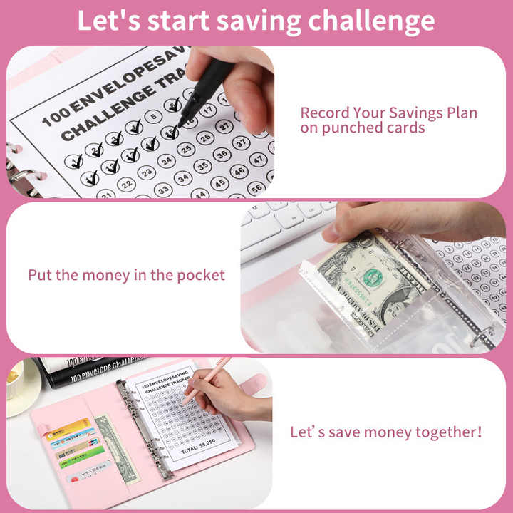 Classeur 100 Enveloppes Challenge - Binder Budget A5 Rose - 100 Jours Épargne Avec Enveloppes Cash