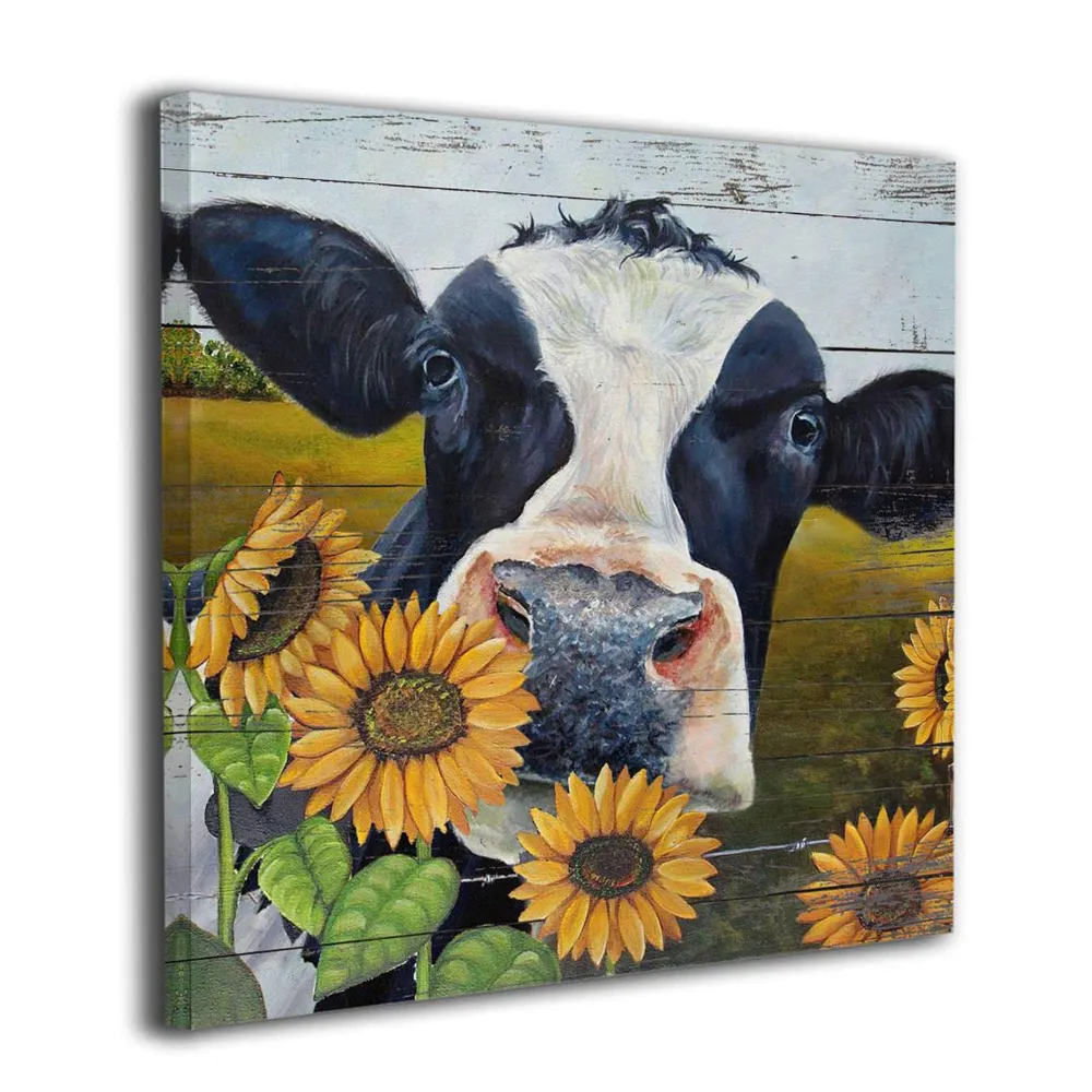 Peintures murales en toile avec impression de tournesol et vache, décor artistique de ferme pour chambre à coucher, bureau, salon cuisine, décor de maison