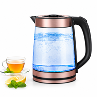 Bouilloire électrique en verre 2,2 L, prise UE, LED bleue, finition or rose, couvercle noir, poignée en C, moderne, fournisseur en gros de café, usine OEM