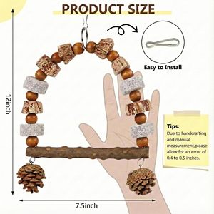Ensemble de jouets naturels pour oiseaux : Arche en <span class=keywords><strong>bois</strong></span>, balançoire, balle Sola, <span class=keywords><strong>jouet</strong></span> déchirable, perchoir suspendu pour la recherche de nourriture avec cônes de pin, pierre ponce, coupe-bec - Product Image 2