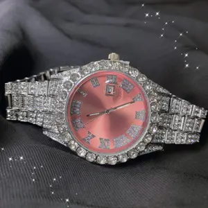 Relógio de pulso, então, bonito, rosa, mostrador, busto, relógio de pulso, cheio de diamante, pulseira gelada, corrente de luxo, ouro romano, meninas, relógio de quartzo