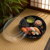 Boîte à sushis écologique personnalisée, ronde noire avec couvercle transparent, 3 compartiments, PP de qualité alimentaire pour la restauration de sashimi, vente en gros