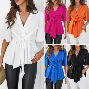 New Wholesale Customized Commuter Solid Color Casual Women's Short Sleeve Elegant Tie Corset Top