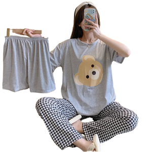 Ensemble de pyjama 3 pièces pour femmes, à taille élastique, imprimé dessin animé, manches courtes, respirant - Product Image 1