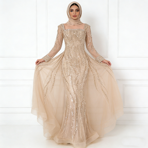 Robes musulmanes élégantes pour femmes, tendance, beige doré, ornées de paillettes, tulle, col carré, manches longues, traîne sirène, longueur au sol - Product Image 6