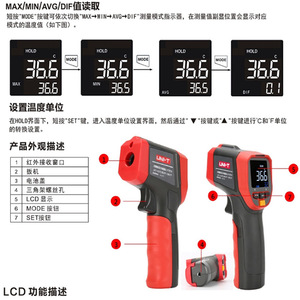 ยูนิ-ที เครื่องวัดอุณหภูมิอินฟราเรด UT301H จอแสดงผล LCD ปืนวัดอุณหภูมิแบบไม่สัมผัส สำหรับใช้ในอุตสาหกรรม - Product Image 2