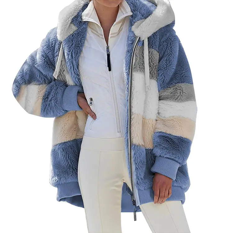 Loose Plush Multicolor Zipper Women's Coat Hooded Jacket Women's Coat Fur Coats For Ladies