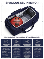 Sac de sport de voyage 58L en polyester hydrofuge avec technologie anti-odeur, bandoulière amovible pour la gym, OEM ODM