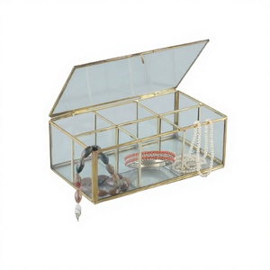 Classic Square Glass Jewelry <b>Box</b> with Metal Gold Edge Handcrafted <b>Storage</b> Gift Accessories Decoration Easy to Clean 21x14x8cm - Product Image 1