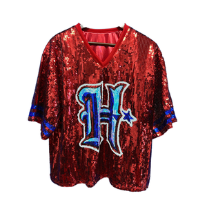 Factory Wholesale <b>Red</b> Baseball for H Logo Sparkle Sequin Short Sleeve Summer Unisex <b>Blouse</b> Spandex Cotton Anti-Bacterial Custom - Product Image 1