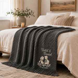 Custom Embroidered Throw <b>Blanket</b> with Names and Anniversary Date, Bobble Textured <b>Knit</b> <b>Blanket</b> with Tassel Fringe - Product Image 2