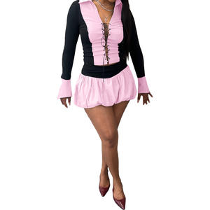 Viviblook Z1023ST07 Sexy traje de moda conjunto de mujer con cordones recortados Tops Puffy Culottes falda con pantalones traje de dos piezas - Product Image 5