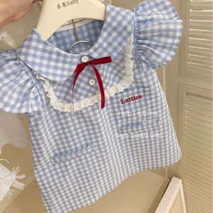 Child Star Circle Girls Blue Plaid Flutter Sleeve Dress Summer Breathable School Style Lace Collar Dress - Product Image 3