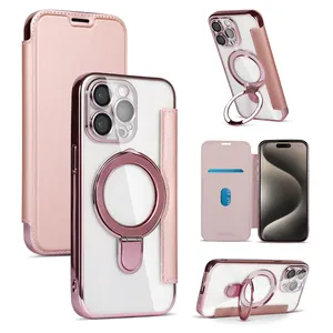 Guangdong supplier tpu phone cases wallet flip cover phone case for iPhone 15 13 rotated bracket stand magnetic charging cover