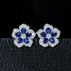 925 silver sapphire <b>earrings</b> with five petal flower commuting temperament <b>earrings</b> - Product Image 2