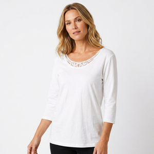 T-shirt moulant à manches trois-quarts en dentelle blanche pour femme, col rond, tricoté, décontracté, collection printemps-été - Product Image 4