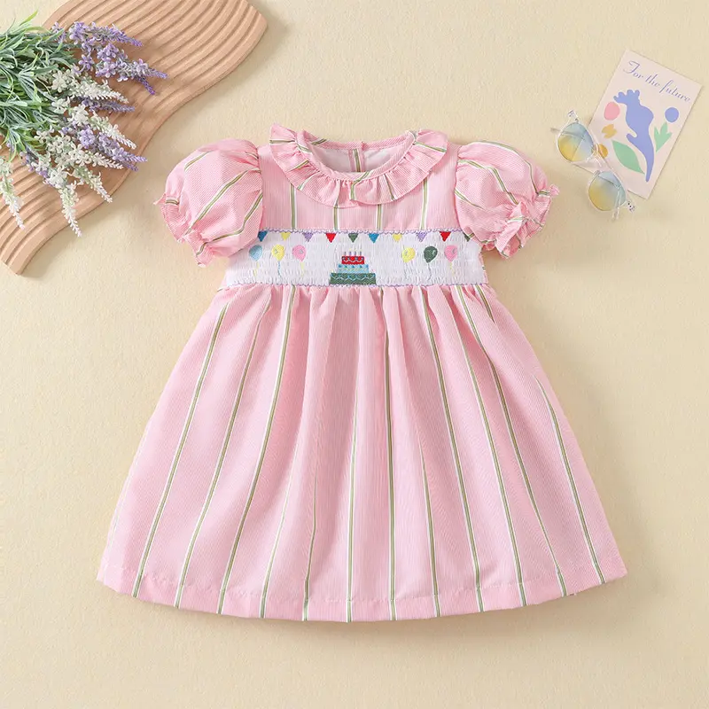 新しいスタイルの夏の服ピンクのストライプの女の子のスカートパフスリーブの誕生日ドレス手喫煙Aラインプリンセスドレス女の子のための