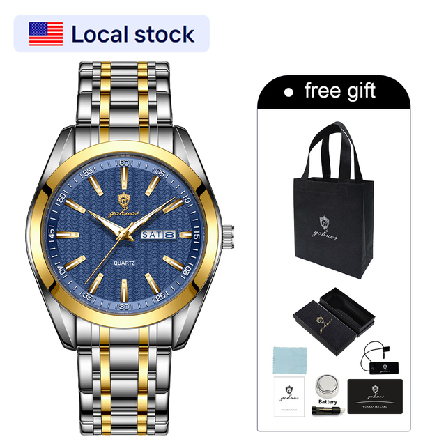 US Local Stock Gohuos 8817 Gold Blue Men Wrist Watch Original Quartz Calendar Date Water Resistant Luminous Hands Montre Watches