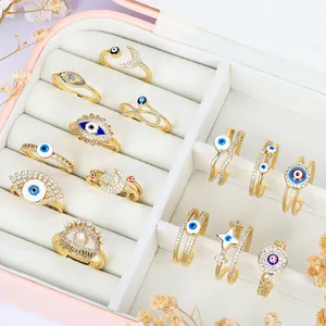 HOVANCI cincin jari mata biru desain baru perhiasan cincin mata jahat berlapis emas 18K tetesan minyak cantik terbuka dapat disesuaikan