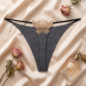 Gray Thin Strap Women <b>Thong</b> Panties Golden Embroidery Butterfly Decor Soft Stretch Low Rise Ladies G String Underwear Wholesale - Product Image 4